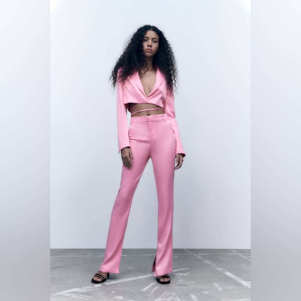 Zara pink satin cropped tie blazer